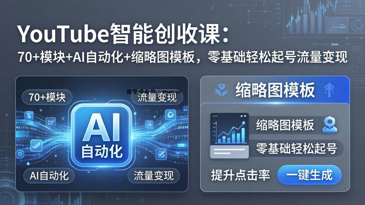 YouTube智能创收课：70+模块+AI自动化+缩略图模板，零基础轻松起号流量变现-逐梦项目网