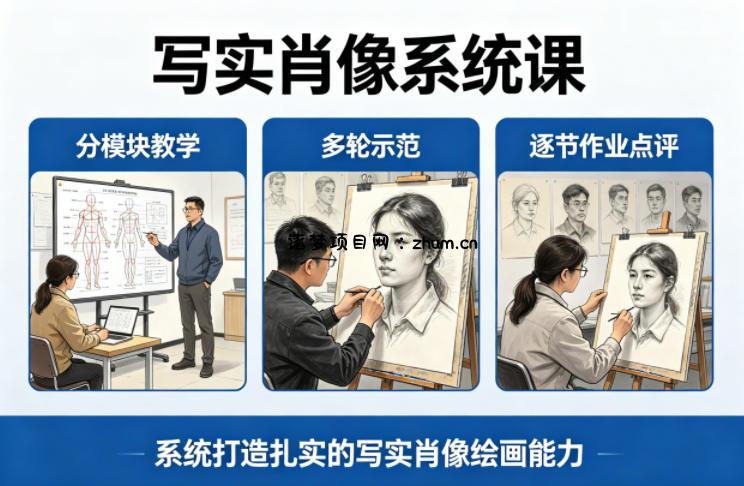 写实肖像系统课，全程分模块教学+多轮示范+逐节作业点评，系统打造扎实的写实肖像绘画能力-逐梦项目网