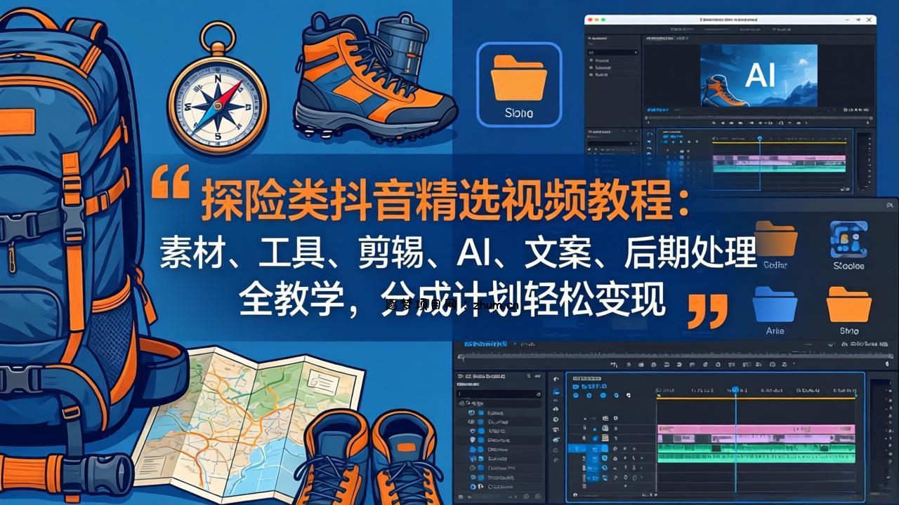 探险类抖音精选视频教程:素材、工具、剪辑、AI、文案、后期处理全教学,分成计划轻松变现-逐梦项目网