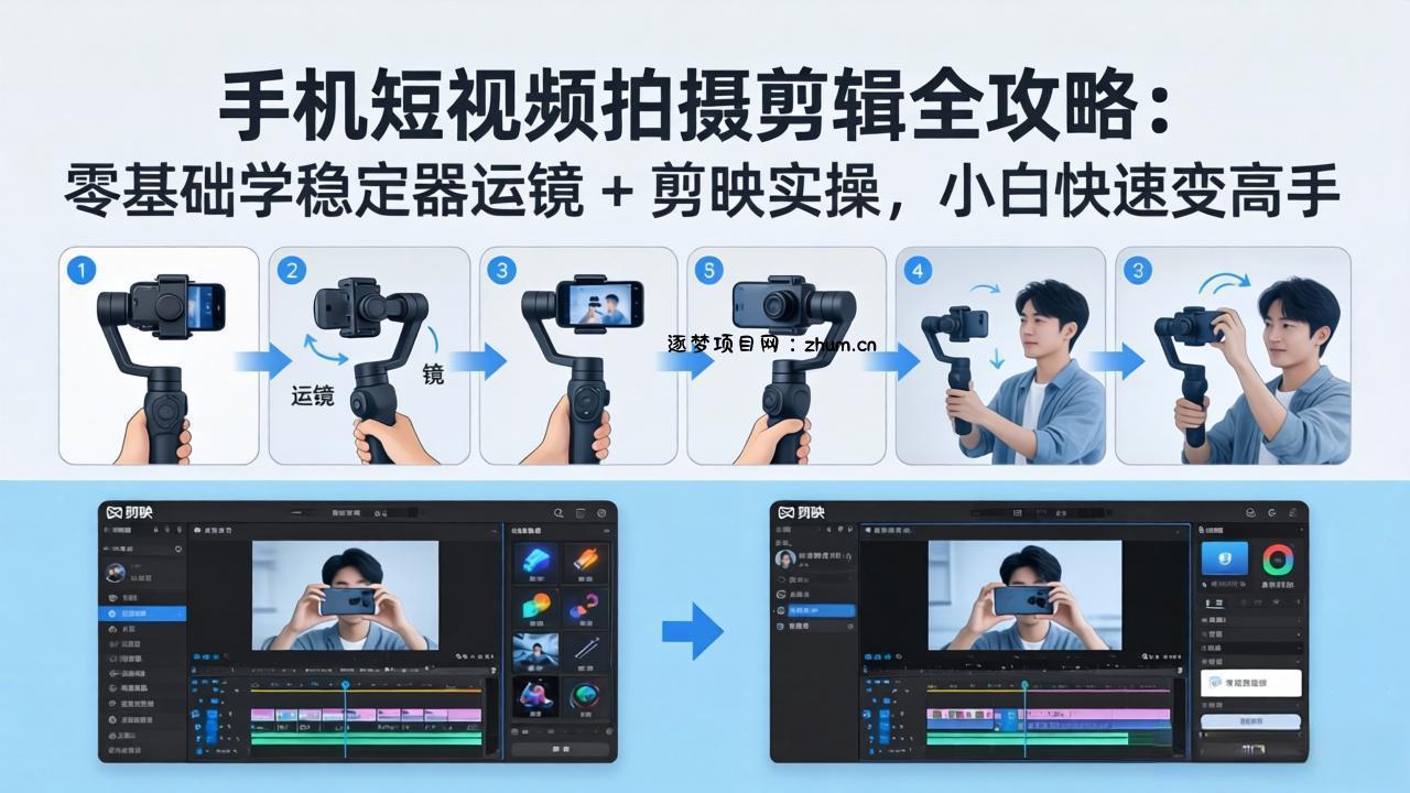 手机短视频拍摄剪辑全攻略：零基础学稳定器运镜 + 剪映实操，小白快速变高手-逐梦项目网