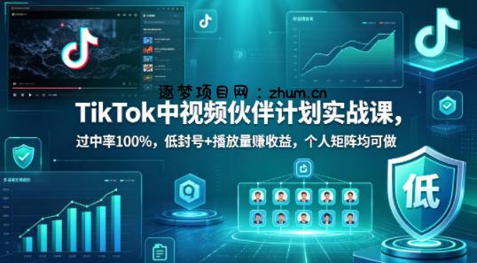 TikTok中视频伙伴计划实战课，过中率100%，低封号+播放量賺收益，个人矩阵均可做-逐梦项目网