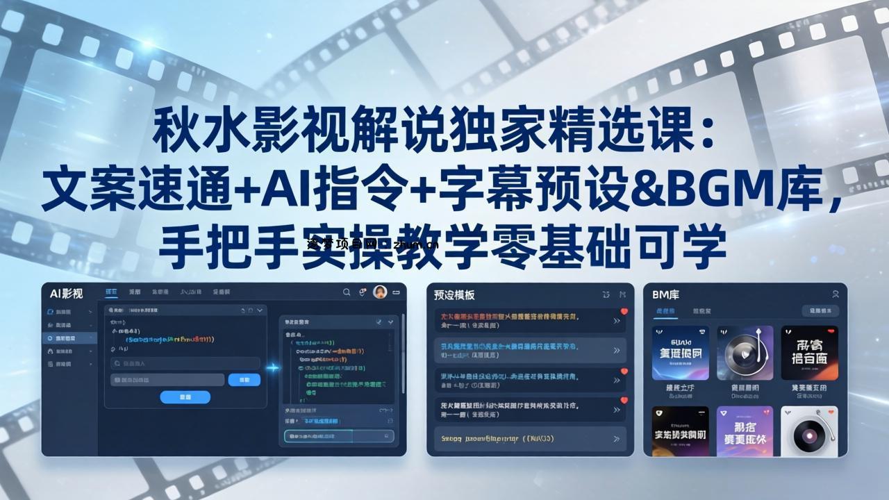 秋水影视解说独家精选课：文案速通+AI指令+字幕预设+BGM库，手把手实操教学零基础可学-逐梦项目网