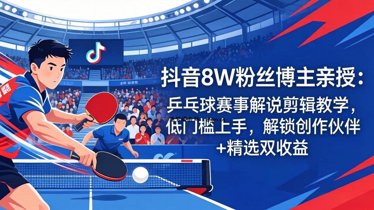 抖音8W粉丝博主亲授：乒乓球赛事解说剪辑教学，低门槛上手，解锁创作伙伴+精选双收益-逐梦项目网