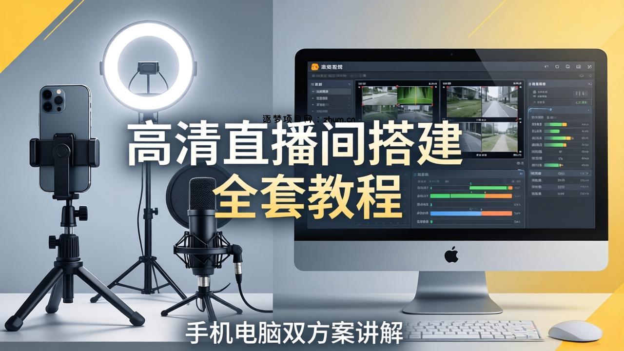 高清直播间搭建全套教程，手机电脑双方案讲解，设备选型调试多机位实操教学-逐梦项目网