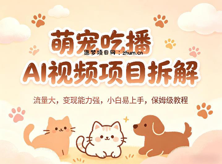 萌宠吃播AI视频项目拆解，流量大，变现能力强，小白易上手，保姆级教程-逐梦项目网