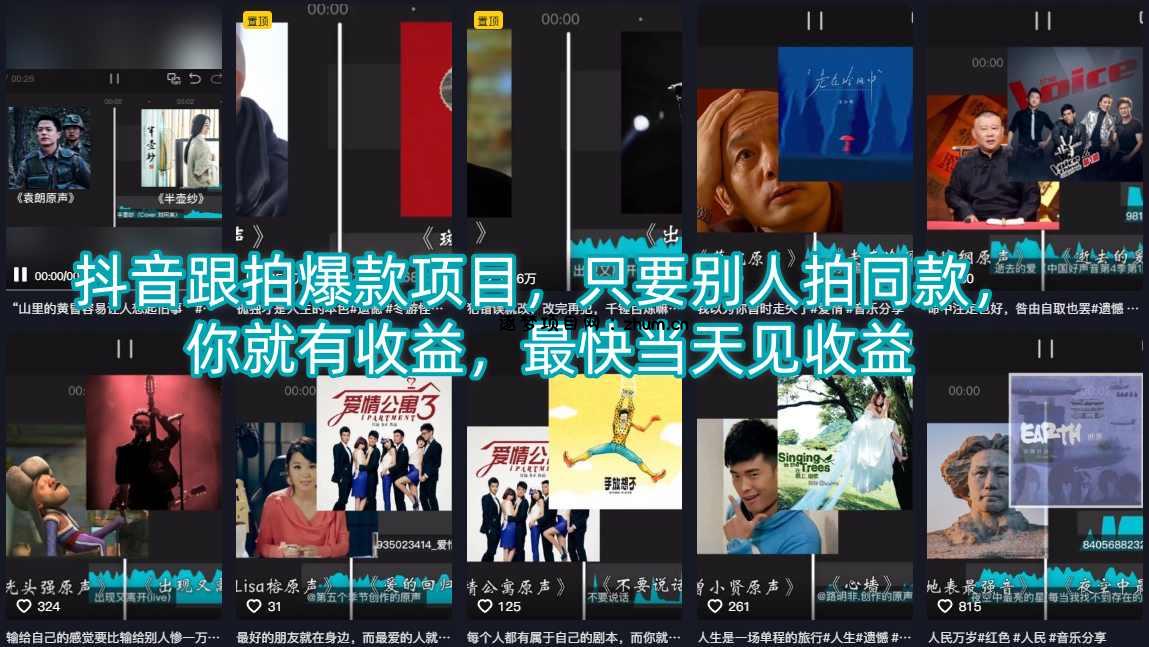 抖音跟拍爆款项目，只要别人拍同款，你就有收益，最快当天见收益-逐梦项目网