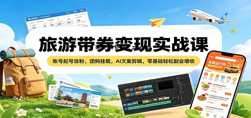 旅游带券变现实战课：账号起号涨粉，团购挂载，AI文案剪辑，零基础轻松副业增收-逐梦项目网