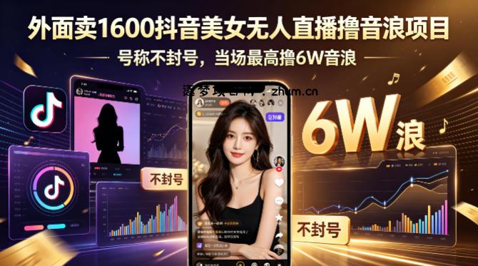 外面卖1600抖音美女无人直播撸音浪项目，号称不封号，当场最高撸6W音浪！【附详细教程】-逐梦项目网