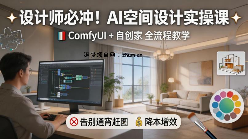 设计师必冲！AI空间设计实操课，ComfyUI+自创家全教学，告别通宵赶图，降本增效-逐梦项目网