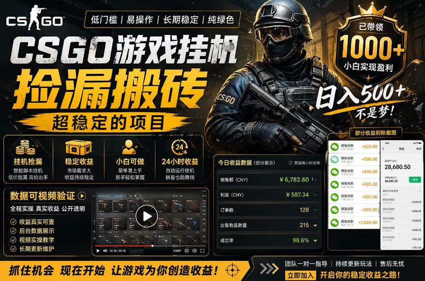 CSGO游戏搬砖，全自动挂G，不需要玩游戏，手机操作日入300+，解放双手【揭秘】-逐梦项目网
