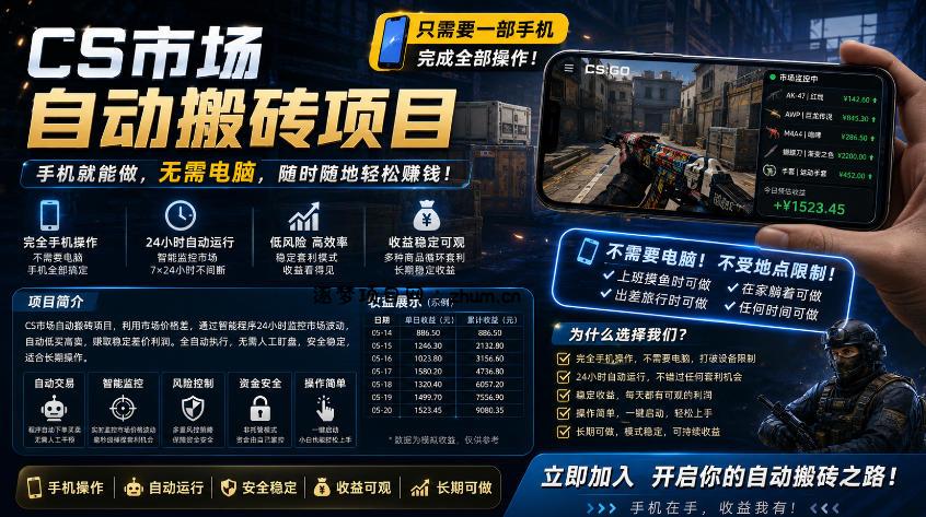 手机即可操作的CS市场自动搬砖系统｜自动监控｜自动下单|日入300+【揭秘】-逐梦项目网