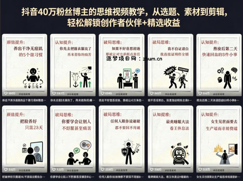 抖音40W粉丝博主的思维视频教学,从选题、素材到剪辑,轻松解锁创作者伙伴+精选收益-逐梦项目网