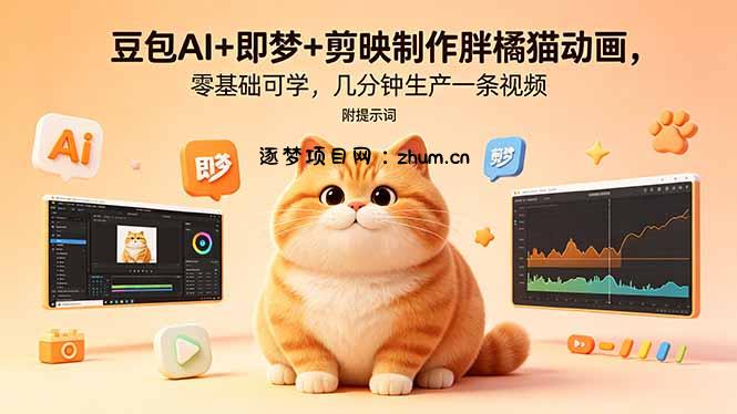 豆包AI+即梦+剪映制作胖橘猫动画，零基础可学，几分钟生产一条视频，附提示词-逐梦项目网