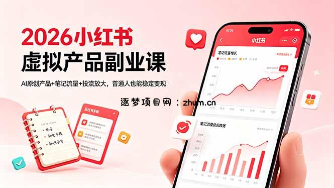 2026小红书虚拟产品副业课，AI原创产品+笔记流量+投流放大，普通人也能稳定变现-逐梦项目网