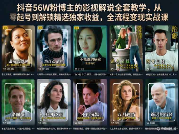 抖音56W粉博主的影视解说全套教学，从零起号到解锁精选独家收益，全流程变现实战课-逐梦项目网