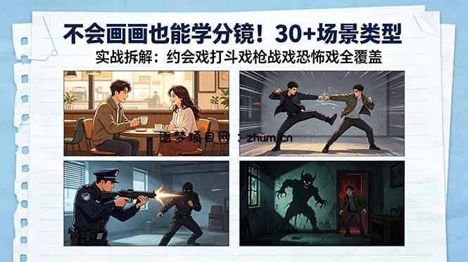 不会画画也能学分镜！30+场景类型实战拆解：约会戏打斗戏枪战戏恐怖戏全覆盖-逐梦项目网