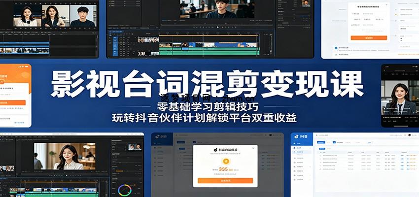 影视台词混剪变现课：零基础学习剪辑技巧，玩转抖音伙伴计划解锁平台双重收益-逐梦项目网