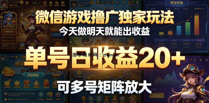 微信游戏撸广独家玩法,今天做明天就能出收益,单号日收益20+,可多号矩阵放大