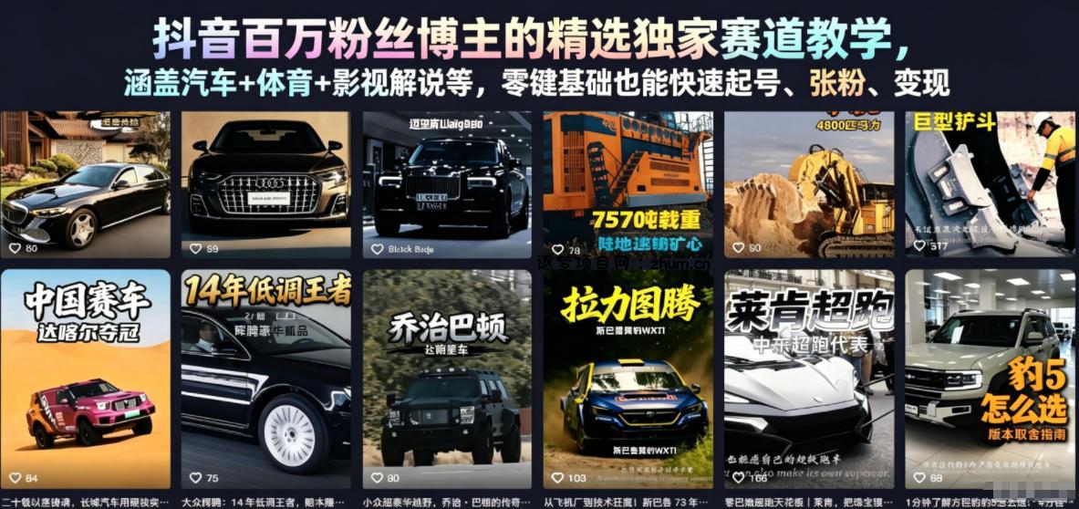 抖音百万粉丝博主的精选独家赛道教学，涵盖汽车+体育+影视解说等，零基础也能快速起号、涨粉、变现-逐梦项目网