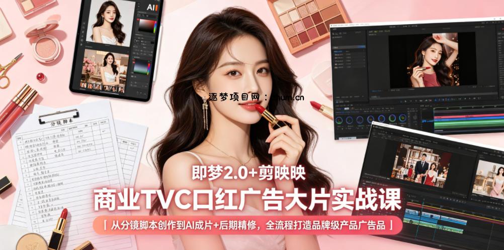 即梦2.0+剪映商业TVC口红广告大片实战课|从分镜脚本创作到AI成片+后期精修,全流程打造品牌级产品广告-逐梦项目网