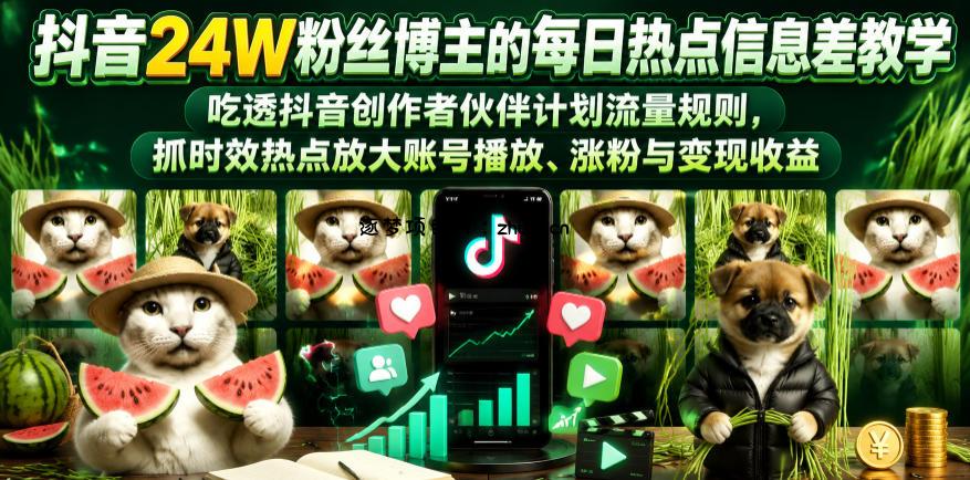 抖音24W粉丝博主的每日热点信息差教学,吃透创作者伙伴计划流量规则,抓时效热点放大账号播放、涨粉与变现收益-逐梦项目网