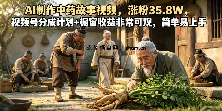 AI制作中药故事视频,涨粉35.8W,视频号分成计划+橱窗收益非常可观,简单易上手-逐梦项目网