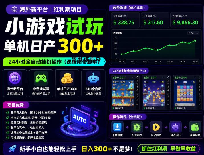 海外新平台,小游戏试玩,单机日产300+,24小时全自动挂G操作(课程附带脚本)【揭秘】-逐梦项目网