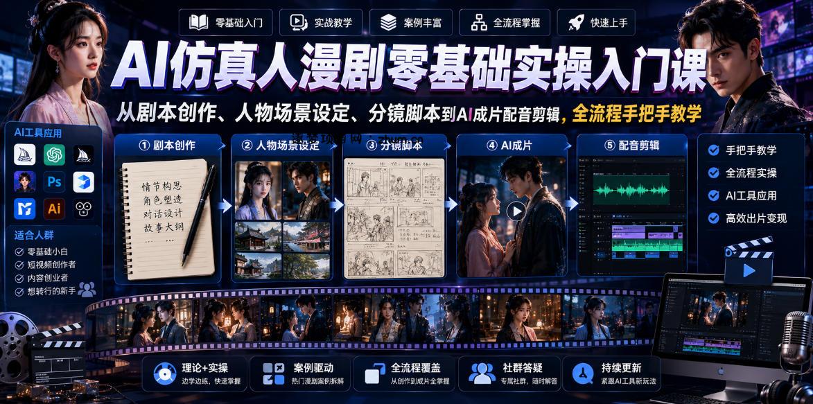 AI仿真人漫剧零基础实操入门课,从剧本创作、人物场景设定、分镜脚本到AI成片配音剪辑,全流程手把手教学-逐梦项目网