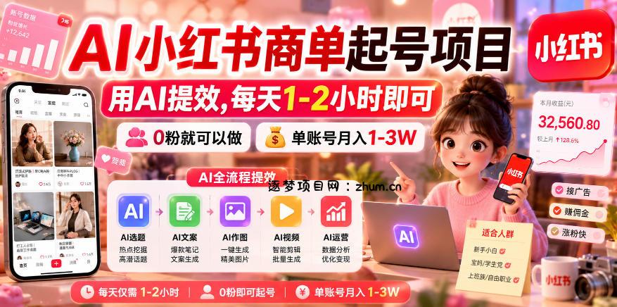 AI小红书商单起号项目,用AI提效,每天1-2小时即可,0粉就可以做,单账号月入1-3W-逐梦项目网