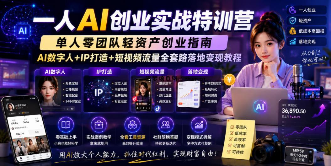 一人AI创业实战特训营,单人零团队轻资产创业指南,AI数字人+IP打造+短视频流量全套路落地变现教程-逐梦项目网