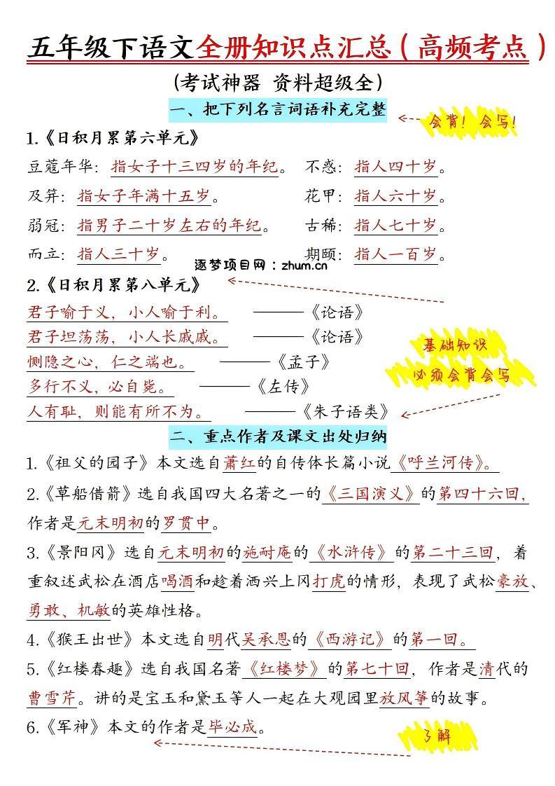 五年级下语文期末全册知识点汇总高频考点-逐梦项目网