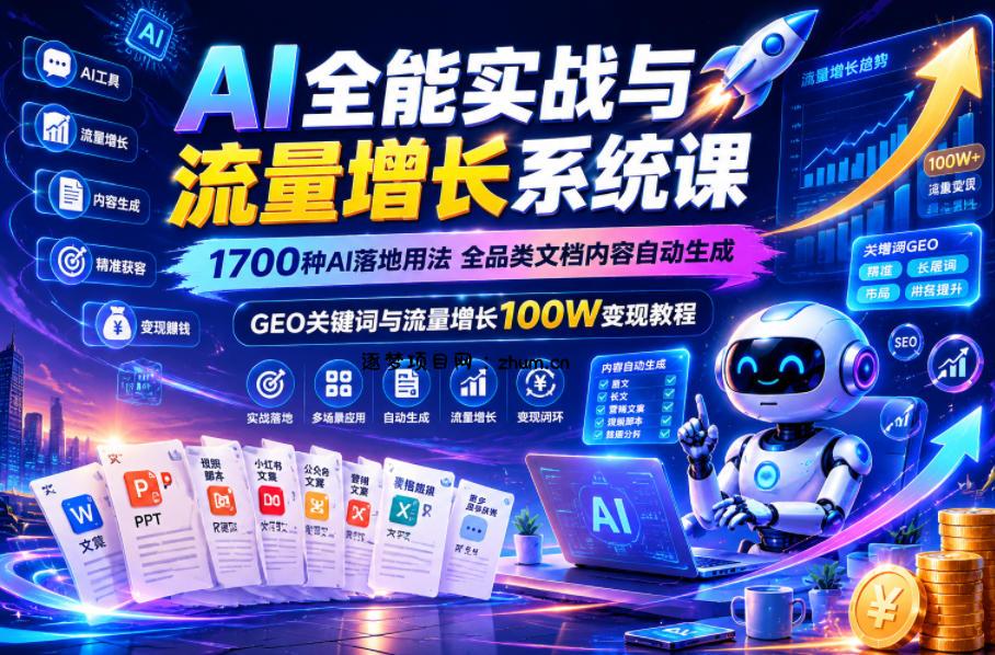 AI全能实战与流量增长系统课,1700种AI落地用法,全品类文档内容自动生成,GEO关键词与流量增长100W变现教程-逐梦项目网