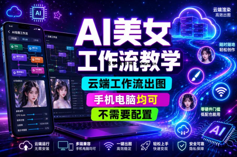 AI美女工作流教学,云端工作流出图,手机电脑均可,不需要配置,快速起号涨粉-逐梦项目网