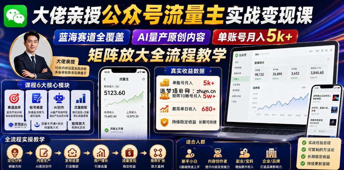 大佬亲授公众号流量主实战变现课,蓝海赛道全覆盖,AI量产原创内容,单账号月入5k+矩阵放大全流程教学-逐梦项目网