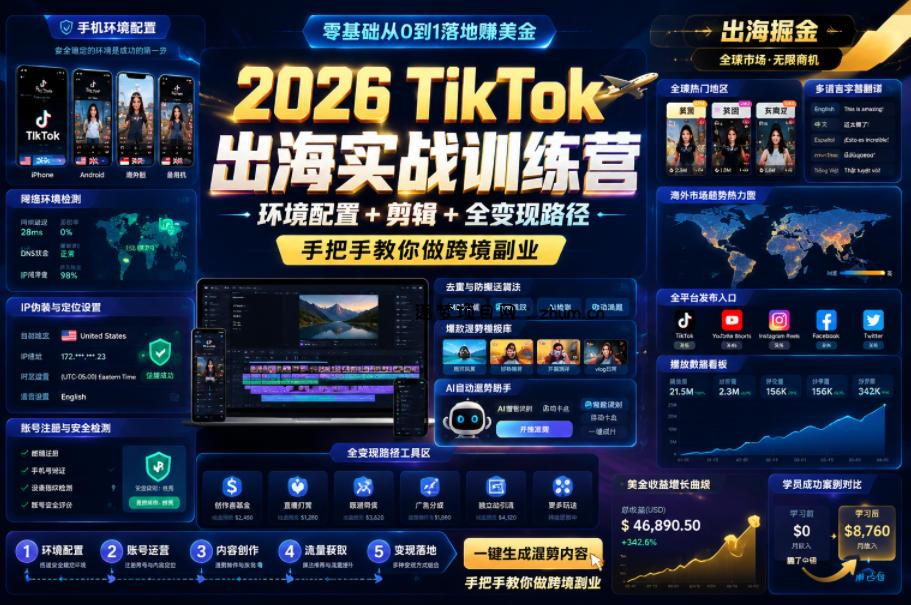 2026 TikTok出海实战训练营,环境配置 + 剪辑 + 全变现路径,手把手教你做跨境副业-逐梦项目网