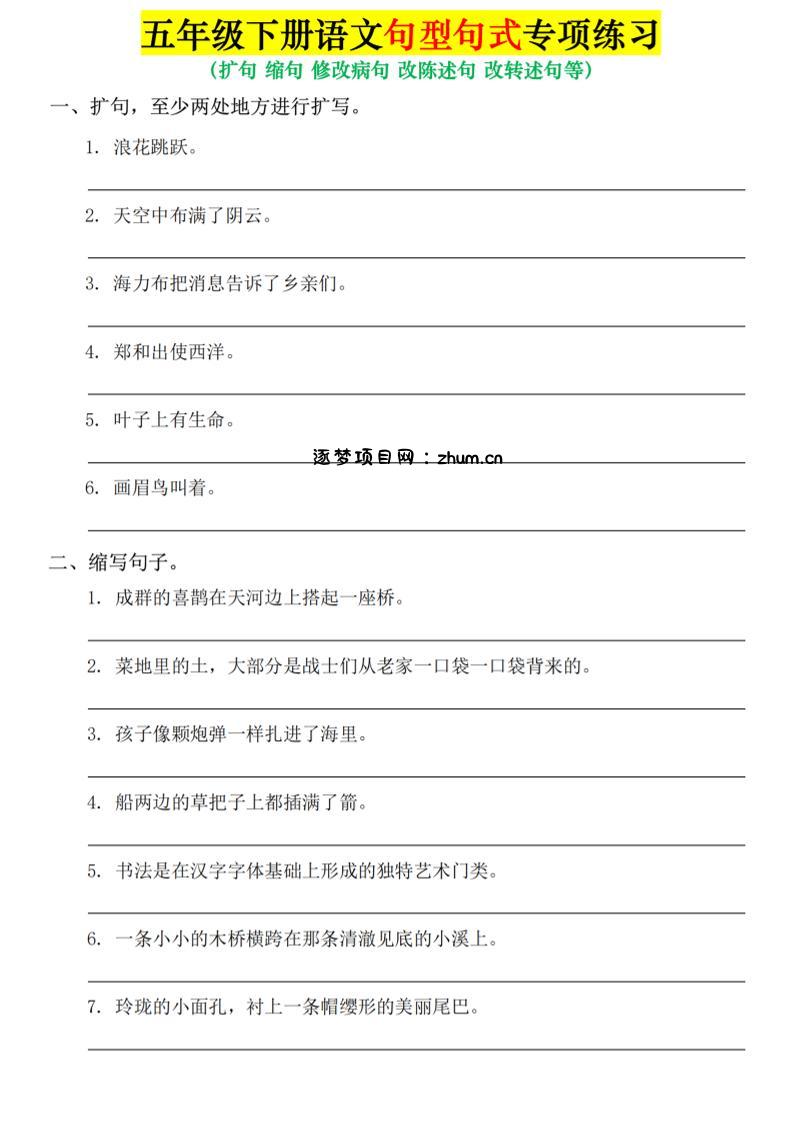 五年级下语文句式句型专项练习-逐梦项目网