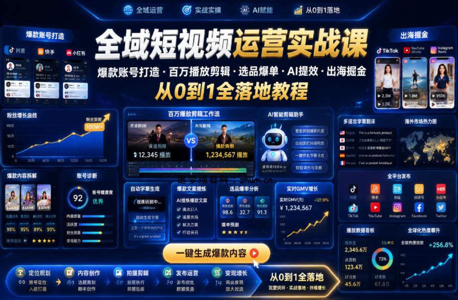 全域短视频运营实战课,爆款账号打造・百万播放剪辑・选品爆单・AI提效・出海掘金,从0到1全落地教程-逐梦项目网