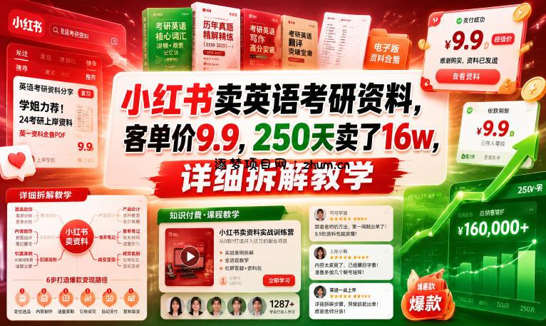 小红书卖英语考研资料,客单价9.9,250天卖了16w,详细拆解教学-逐梦项目网