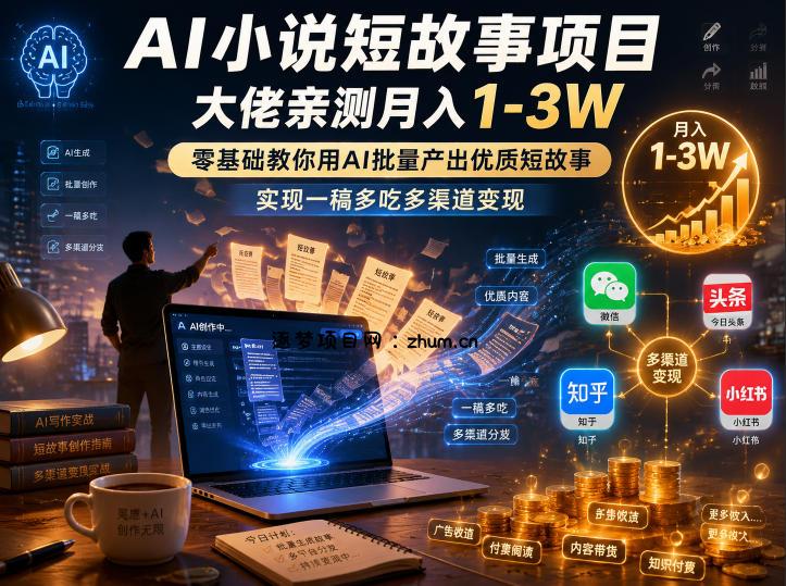 AI小说短故事项目,大佬亲测月入1-3W,零基础教你用AI批量产出优质短故事,实现一稿多吃多渠道变现-逐梦项目网
