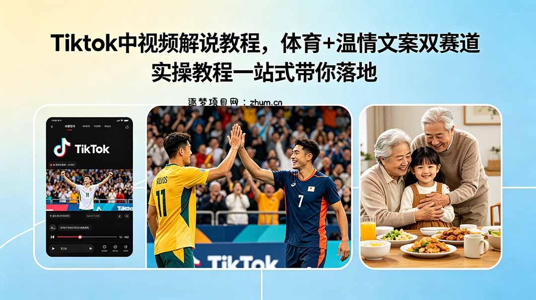 Tiktok中视频解说教程，体育+温情文案双赛道实操教程一站式带你落地-逐梦项目网