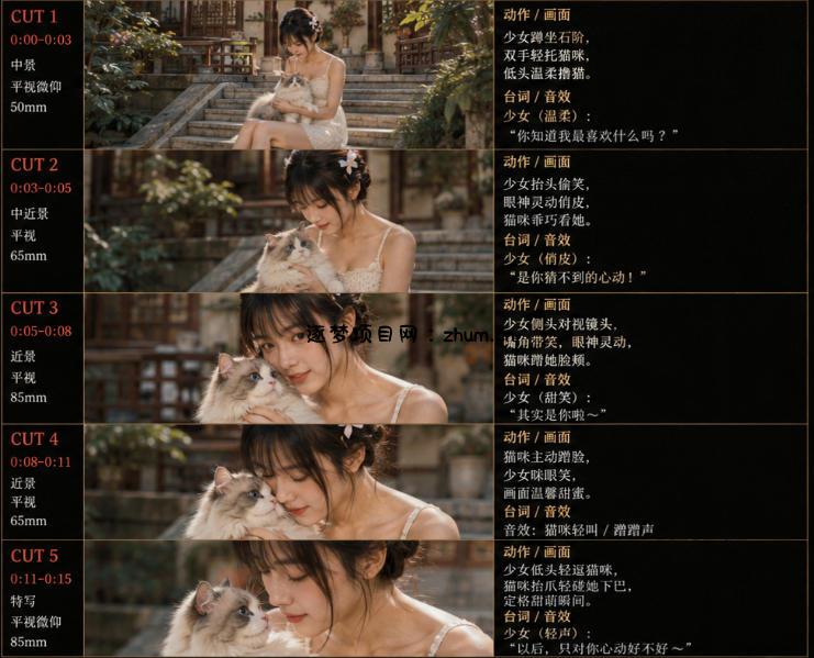 美女和猫故事提示词,人物一致性提示词+故事板
