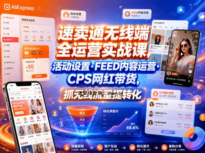 速卖通无线端全运营实战课,活动设置・FEED内容运营・CPS网红带货,抓无线流量提转化