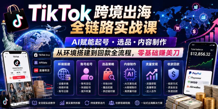 TikTok跨境出海全链路实战课,AI赋能起号・选品・内容制作,从环境搭建到回款全流程,零基础賺美刀