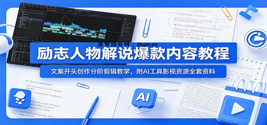 励志人物解说爆款内容教程：文案开头创作分阶剪辑教学，附AI 工具影视资源全套资料-逐梦项目网