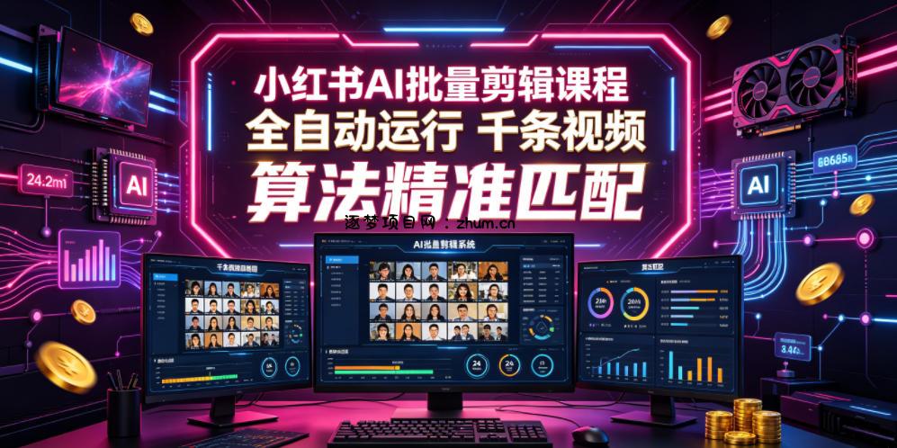 小红书AI批量剪辑课程,24小时全自动运行,解放双手专注运营,千条视频批量处理,小红书算法精准匹配-逐梦项目网