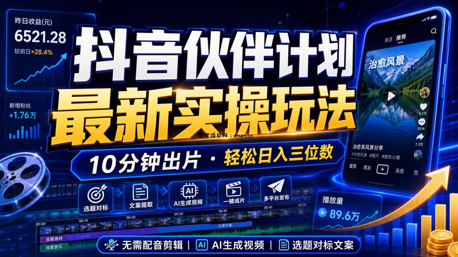 抖音伙伴计划最新暴利玩法，不用找素材和剪辑，10分钟出一条原创视频，轻松日入三位数-逐梦项目网