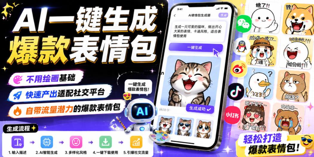 AI一键生成爆款表情包,不用绘画基础,快速产出适配社交平台,自带流量潜力的爆款表情包-逐梦项目网