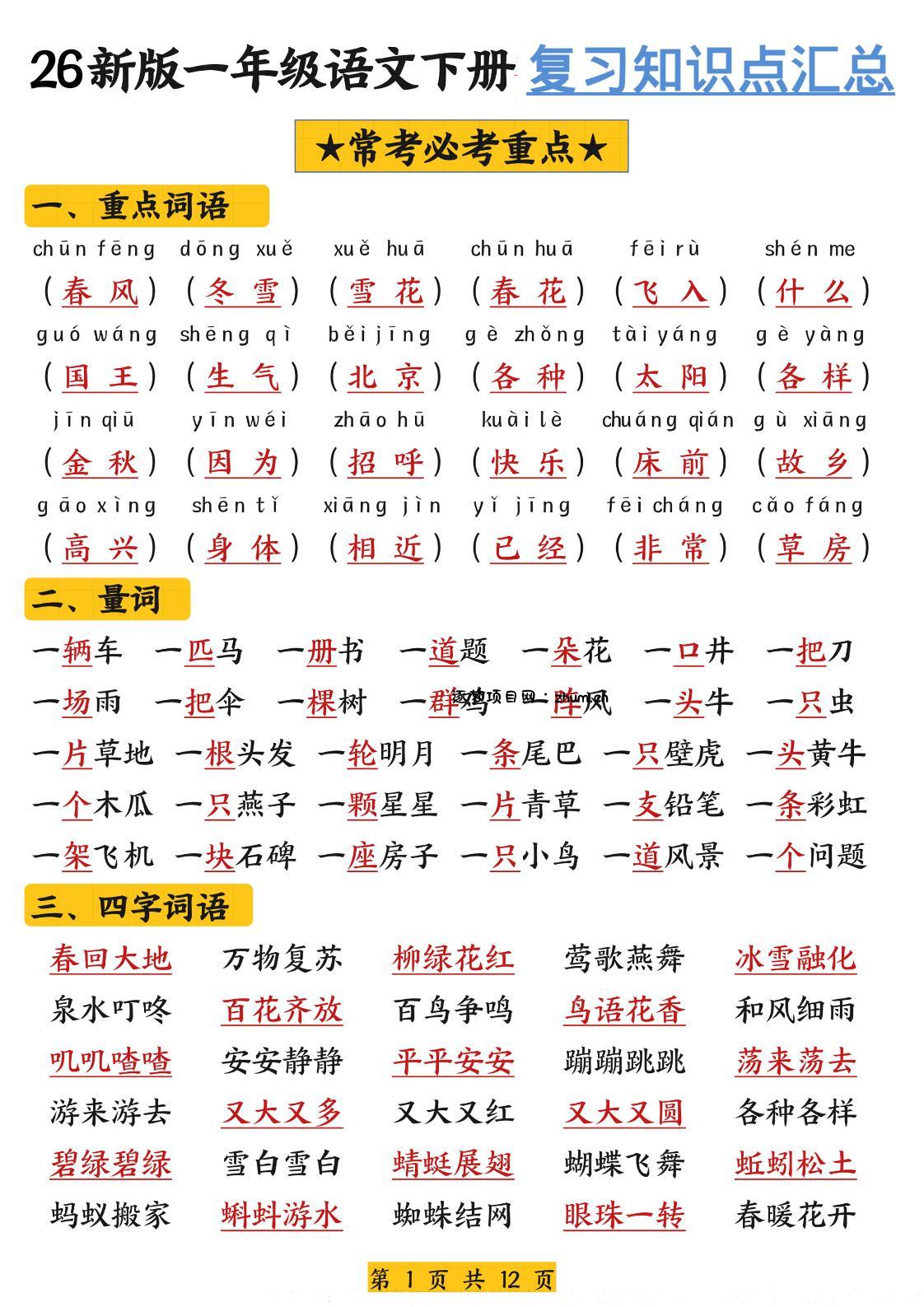 26新版一年级语文下册复习知识点汇总-逐梦项目网