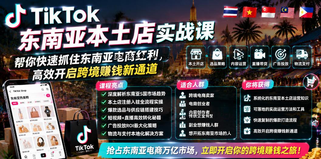 TikTok东南亚本土店实战课,帮你快速抓住东南亚电商红利,高效开启跨境賺钱新通道-逐梦项目网