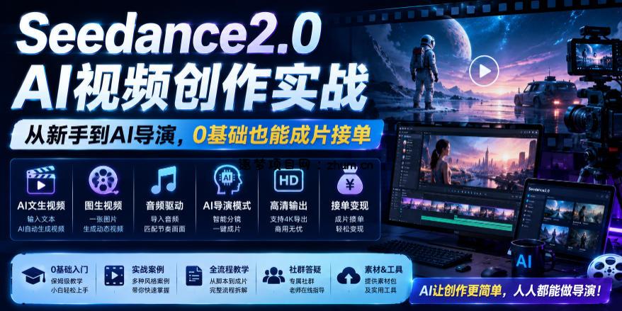 Seedance2.0 AI视频创作实战，从新手到AI导演，0基础也能成片接单变现-逐梦项目网